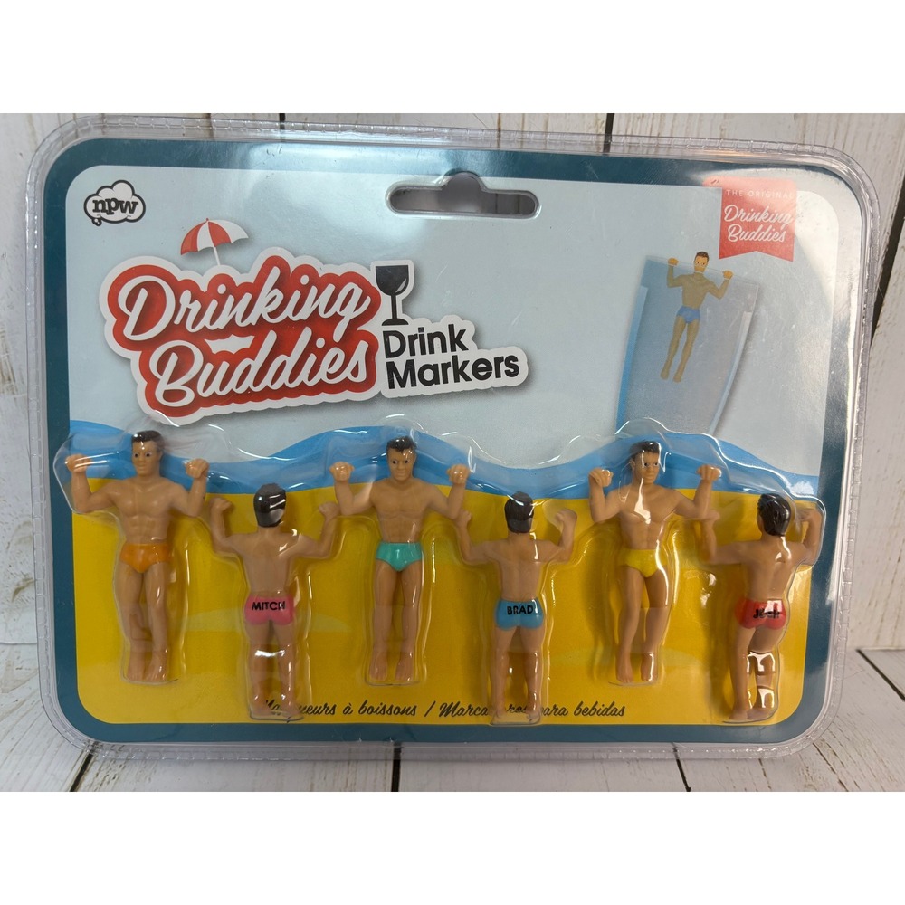NPW Drinking Buddies Drink Markers Set of 6 Novelty Glass Charms Party Accessory